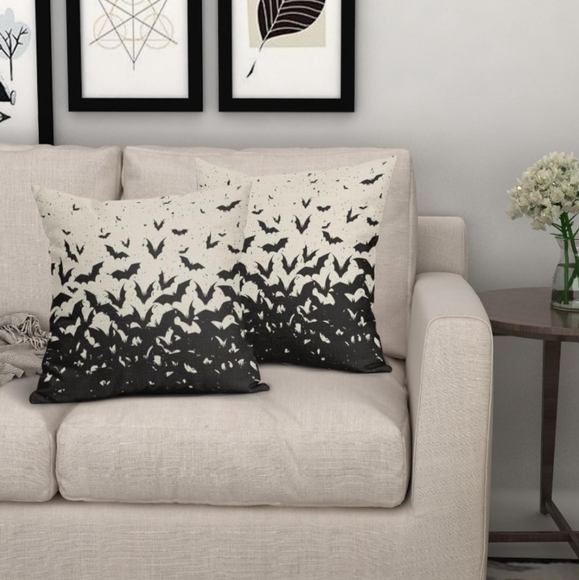 Set of 2 Black Bat Pillow Covers 18" Square Pillows Gothic Goth Bats Print New - Picture 3 of 9